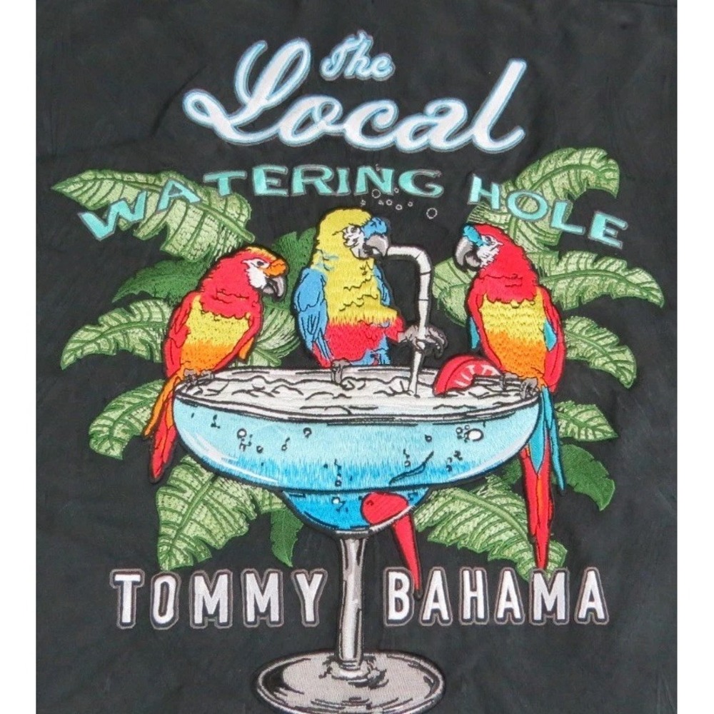 Tommy‎ Bahama Silk Camp Beach Shirt XL TG Parrot Martini  Luau Graphic Black Men